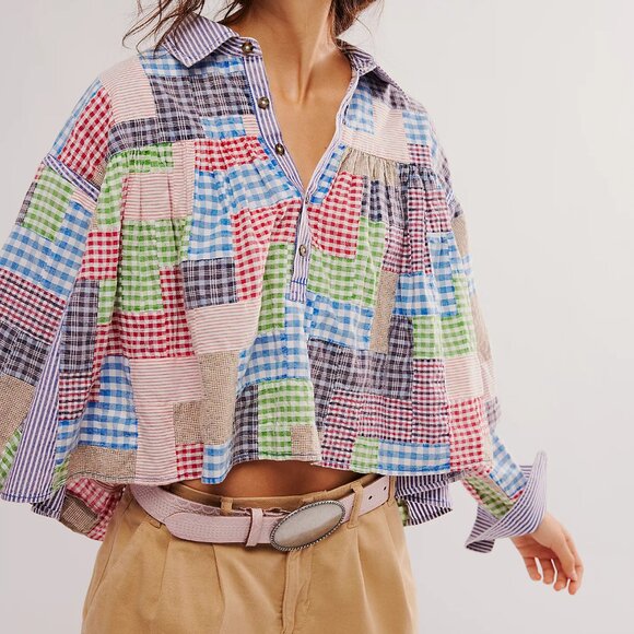 095 Free People We The Free Hand-Patched Quilted Babydoll Top NWOT Size Small - Picture 4 of 8